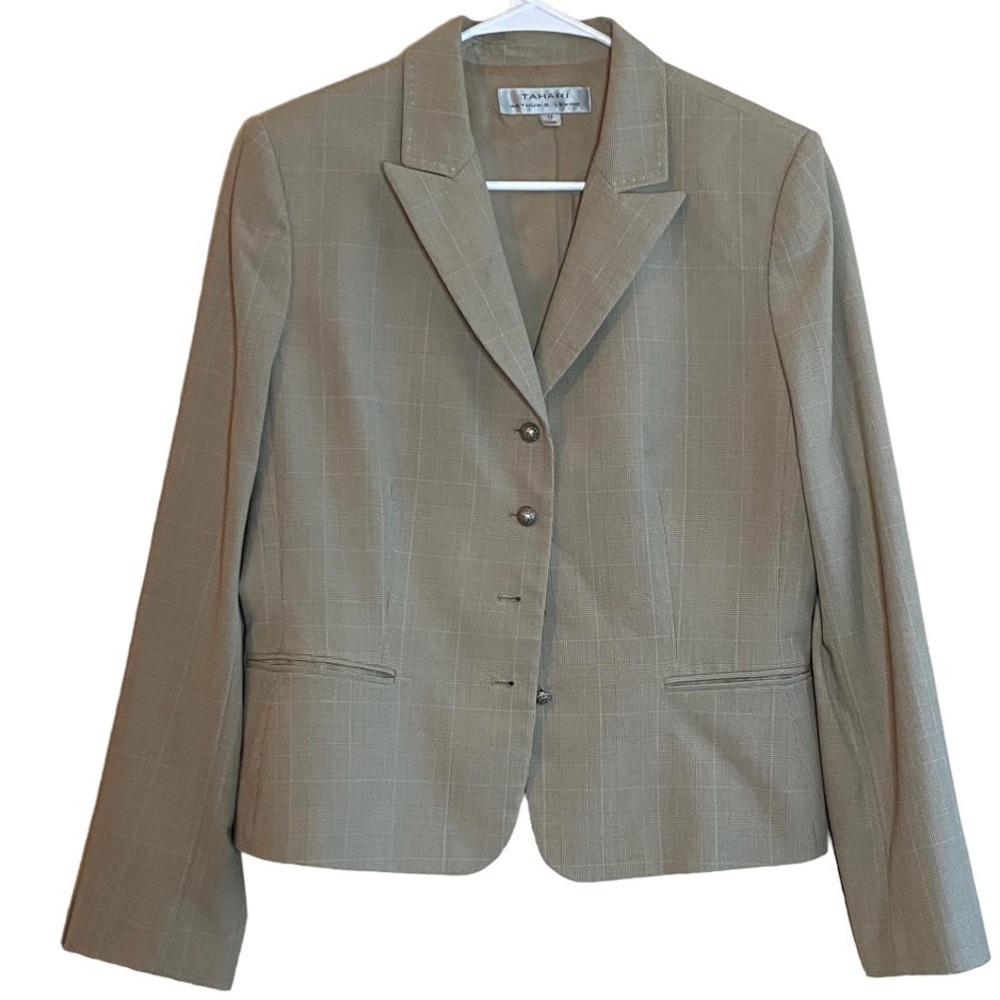 Tahari Arthur S. Levine Tan & Brown Suit Blazer Single Breast 4 Button Size 12